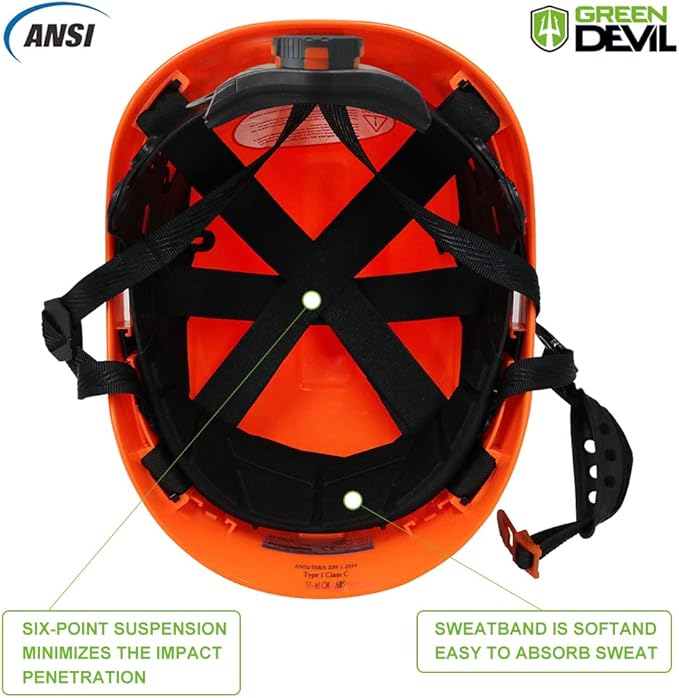 GREEN DEVIL Safety Helmet Hard Hat with Visor Chinstrap Adjustable Lightweight Vented ABS Work Helmet for Men and Women 6-Point Suspension ANSI Z89.1 Approved Ideal for Industrial & Construction