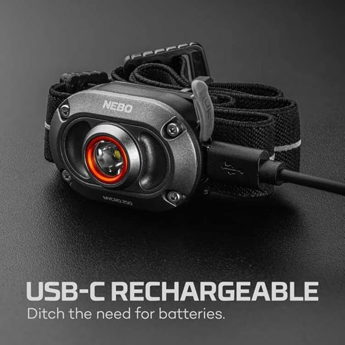 NEBO MYCRO 250 Rechargeable Headlamp | 250 Lumens, 3 Light Modes, Water Resistant, Adjustable Strap, Super Bright Head Lamp for Camping & Hiking, Includes USB Charging Cable — 2 Pack