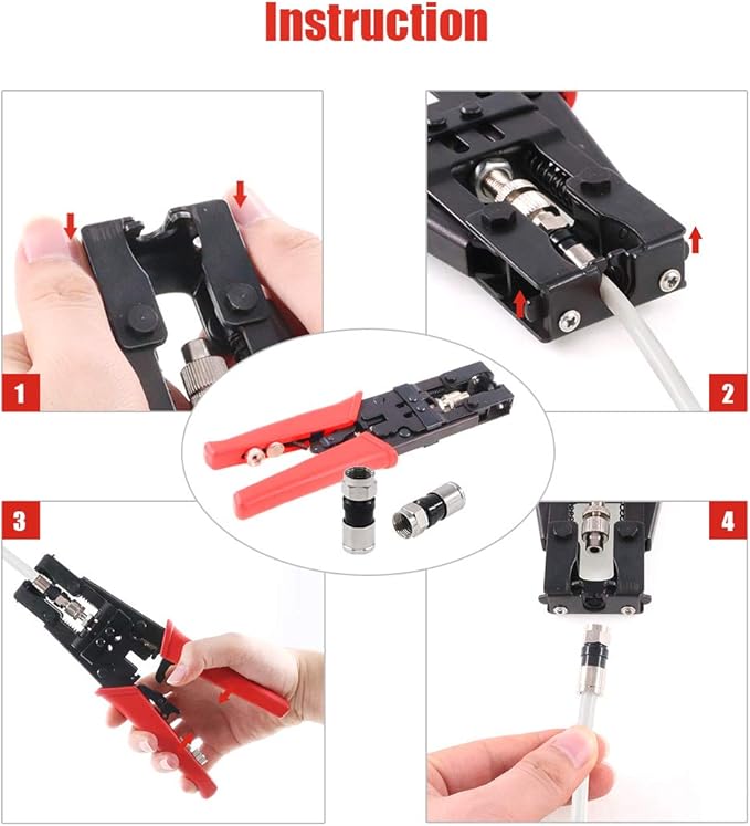 Hilitchi Coax Cable Crimper with Instruction Manual Multifunctional Compression Connector Adjustable Coaxial Crimping Stripping Tool and Micro Cutter with 10Pcs F Compression Connectors Black RG6