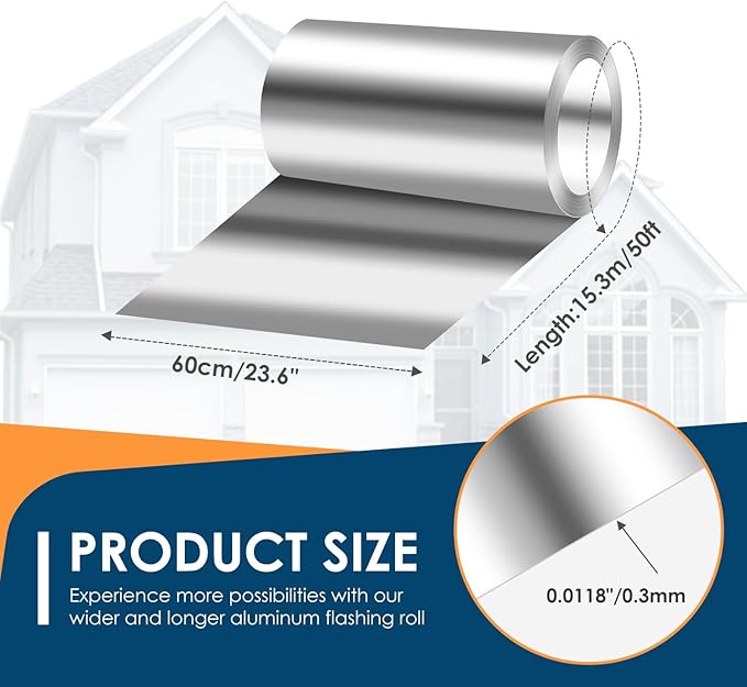 Aluminum Roll Flashing, 24'' x 50' Metal Roofing Roll for Roof and Garden, Prevents Roofing Stains, 0.019-inch/0.3 mm Thickness (26GA) Roof Strip for Moss and Mildew Prevention