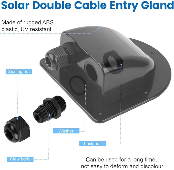 QCG Waterproof ABS Solar Cable Entry Gland, Black Solar Double Cable Entry Gland Housing for All Cable Types 2mm² to 6mm² for Solar Panels of RV, Campervan, Boat, and Roof (1 Pcs)