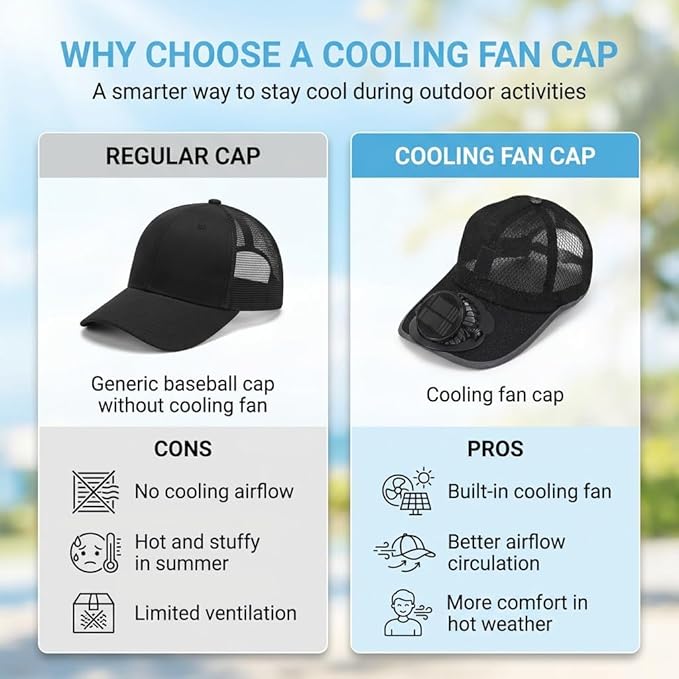 Solar Rechargeable Peak Cap USB Breathable Sport Fan Hat with Cooling Fan, Outdoor Running Hiking Fishing