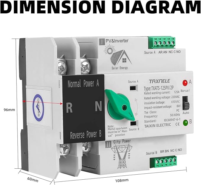 Dual Power Automatic Transfer Switch Selector Uninterrupted Power 2P 63A 100A 125A Photovoltaic Automatic Changeover Toggle Switch Din Rail ATS PV Solar Inverter UPS (125A(PV))