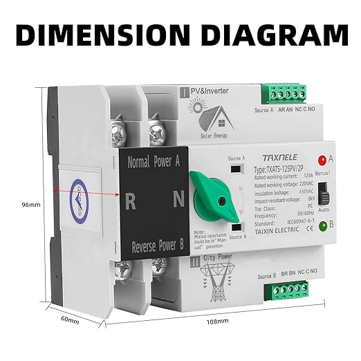 Dual Power Automatic Transfer Switch Uninterruptible Power 2P 63A 100A 125A Photovoltaic Automatic Changeover Switch ATS PV Solar Inverter UPS Toggle Switch (100A)