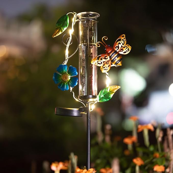 Rain Gauge Outdoor,Decorative Bee Rain Solar Powered Rain Gauges with 7” Glass Tube Water Rain Measure Gauge for Yard Patio Lawn Decor