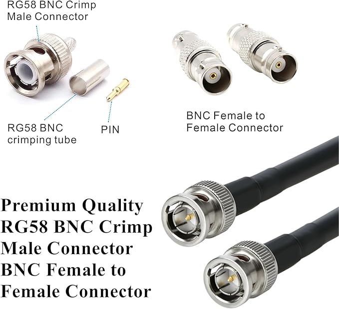 Coaxial Cable Tool Kit - BNC Crimp tool for RG58, RG59, RG62, RG174, 20PCS BNC Male Crimp Connectors for RG58 and 10PCS Female to Female Connectors, Heat Shrink Tubing Cable Tester, Stripper