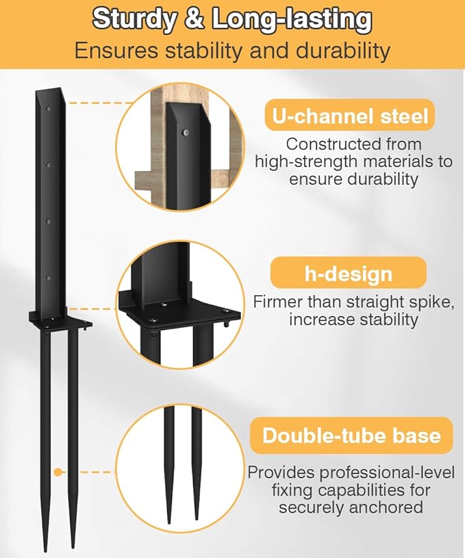Fence Post Anchor Kit, Heavy Duty Metal Steel Fence Post Repair Kit, Fence Post Anchor Stakes Ground Spike for Repairing Tilted/Broken Wood Fence Post, Double-Tube Style, 1 Pack, Black