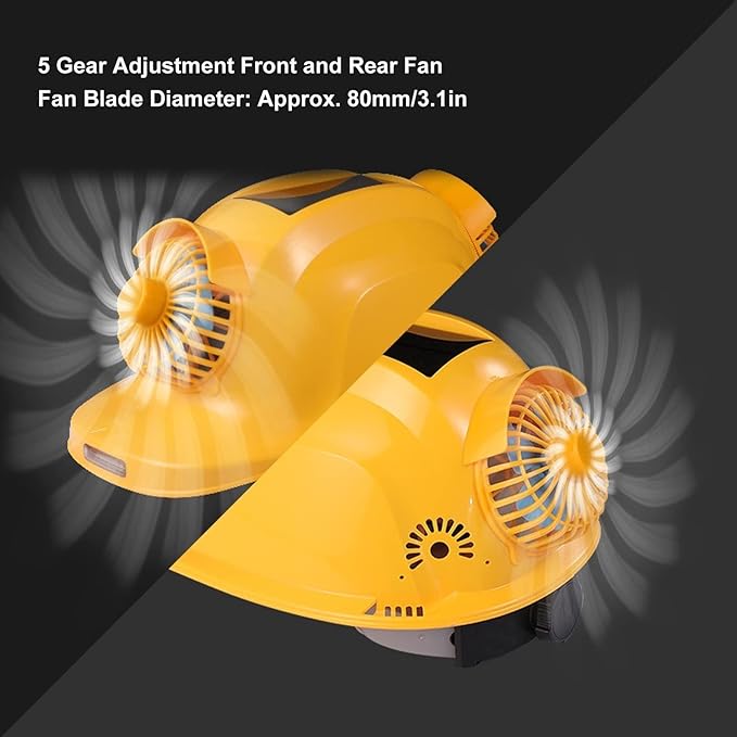 Solar Powered Hard Hat Ventilation Dual Fans and LED Light for Construction Safety | 5-Speed Cooling | ABS Safety Helmet