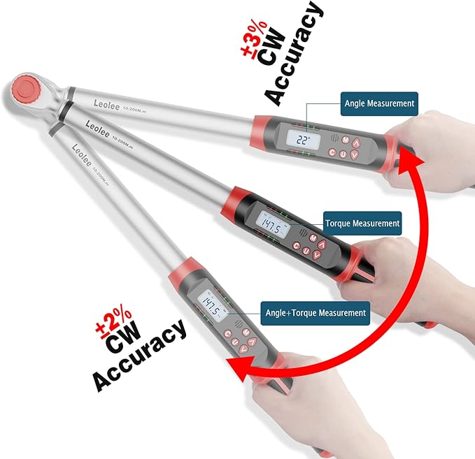 Leolee 1/2-Inch Drive Digital Torque Wrench with Angle, 7.38-147.5 Ft-Lb/10-200 Nm Electronic Torque Wrench with Preset Value, Data Storage, Buzzer, LED Flash Notification for Motorcycle, Car