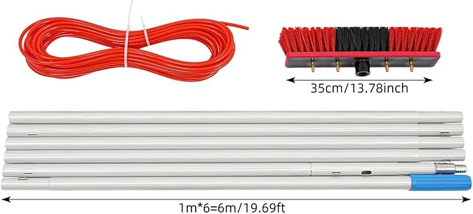 Reach Solar Panel Cleaning Brush Kit, 14" Width Cleaning Brush, Window Washing Equipment Kit with Telescopic Pole 65ft Water Hose Ideal for Snow Removal Windows Boats RVs Decks (19.69ft)