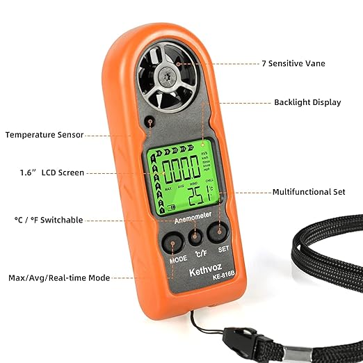 Kethvoz 816B Digital Anemometer, Handheld Wind Speed Meter with Temperature Gauge for HVAC, Measures Wind Velocity in Current/Average/Max, for Sailing, Surfing, Hiking, and Outdoor Activities