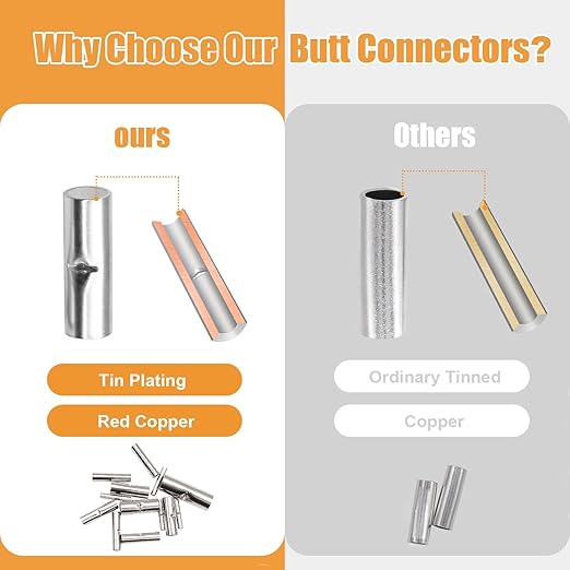 mankk 100PCS Non Insulated Butt Connectors Kit AWG22-16 Tinned Red Copper Butt Connector Uninsulated Butt Connector Wire Crimp Connectors for Electrical Appliances Cars Boats BN1.25