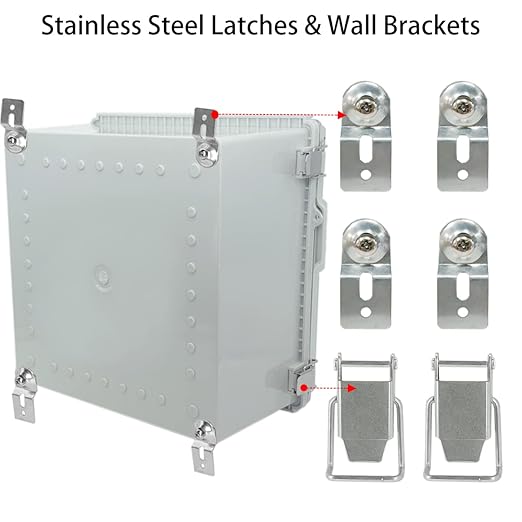 Junction Box, Hinged Cover Stainless Steel Latch IP67 Waterproof ABS Project Box with 2 Cable Glands, Electrical Box Enclosure with Mounting Plate & Wall Bracket 11.8 x 11.8 x 7.1inch
