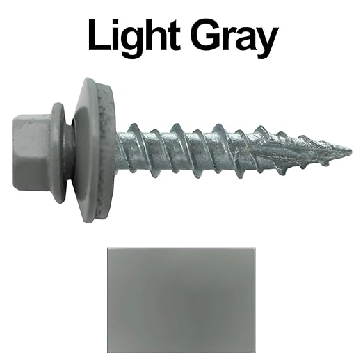 Metal Roofing Screws: (250) 10 x 1 Light Gray Hex Head Sheet Metal Roof Screw. Self Starting Metal to Wood siding Screws. EPDM Washer. Colored Head