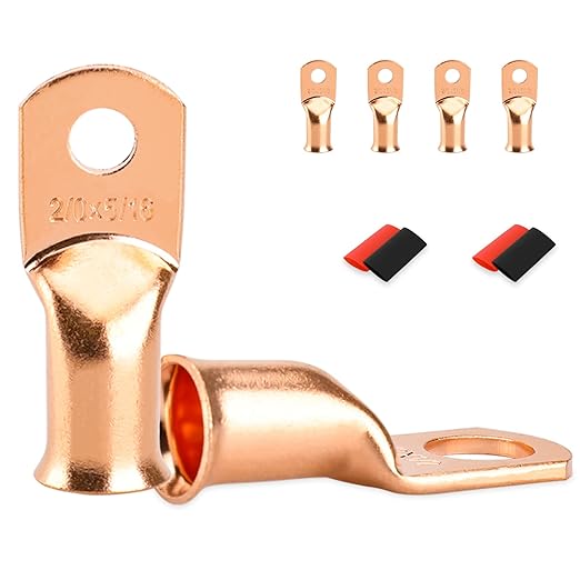 4 PCS Battery Terminal Connectors, Battery Cable Ends Lugs, 2/0 Gauge Wire Connectors, 2/0 AWG 5/16" Stud Ring Terminals, Copper Wire Lugs with Heat Shrink Tubing.