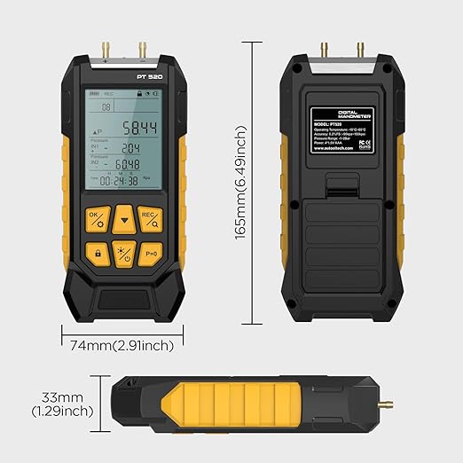 PT520 Manometer Gas Pressure Tester,Dual-Port HVAC Digital Manometer with Range of -100 to 200 KPa, 7 Units, Data Locking & Storage, 7Adapters,Backlit Display Screen
