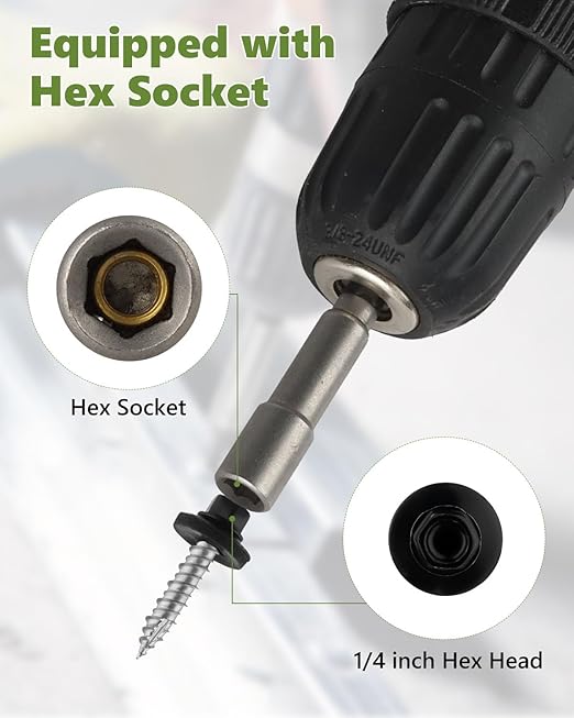 #10 × 1 Inch Black Hex Head Self-Drilling Metal Roofing Screws, 300pcs Zinc Plated Sheet Metal to Wood Siding Screws with Rubber Washers for Metals and Corrugated Roofing Panels