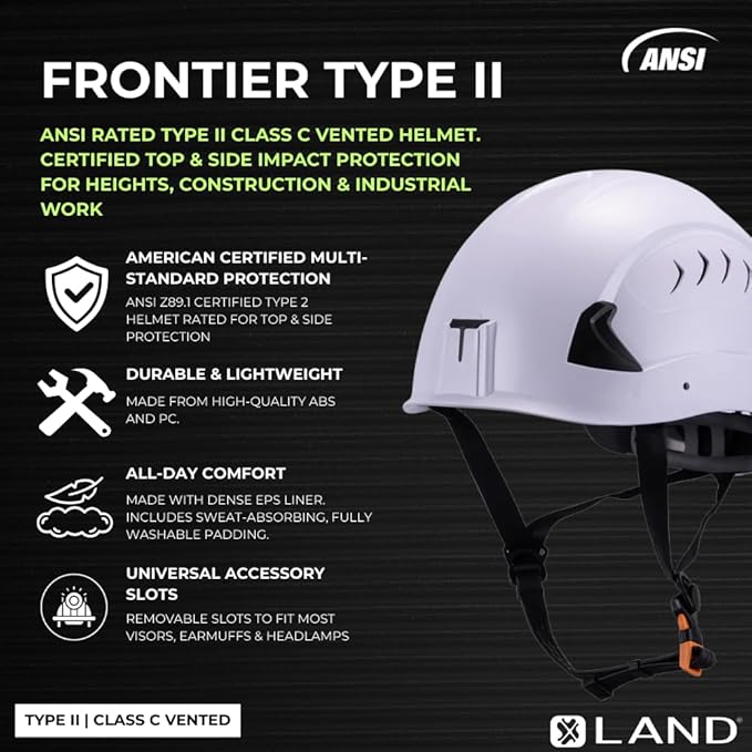 Land Helmets Frontier Type 2 Class C Vented Safety Helmet - ANSI/ISEA Z89.1 Type II OSHA Compliant Hard Hat. Used in Construction, Arbor, and Industrial Work.