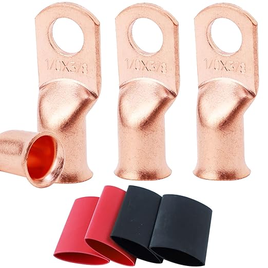 TKDMR 4pcs 1/0 AWG-3/8 Battery Lugs,Heavy Duty Wire Lugs,Ring Terminals,Battery Cable Ends,0 Guage terminals,Battery Terminal Connectors with 10pcs 3:1 Heat Shrink Tubing