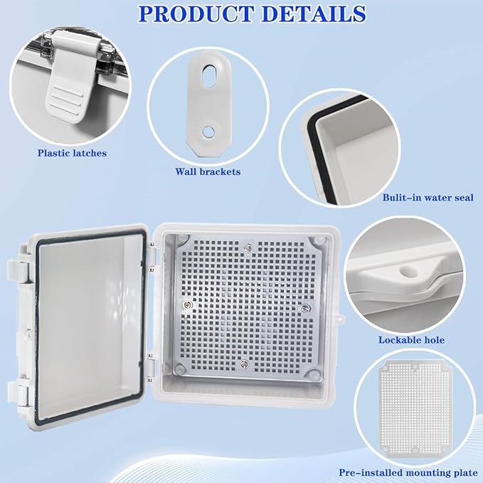 Waterproof Electrical Box Dustproof Junction Box Weatherproof IP67 ABS Plastic Enclosure Switch Router Project Box with Mounting Plate with Wall Bracket 2 Cable Glands Grey 5.9"x5.9"x3.5"