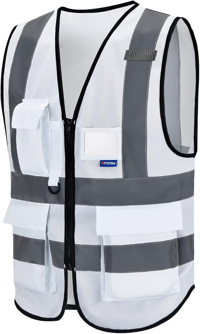 A-SAFETY Hi Reflective Safety Vest,Hi Vis Bright Neon Colors Safety Vest with 4 Reflective Strips 7 Pockets(White S)