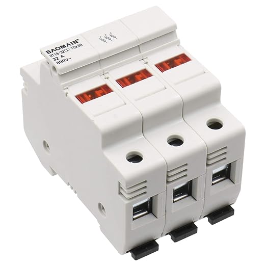 BAOMAIN 3 Pole Cylindrical Fuse Holder with LED Indicator, fits 10 x 38 mm Fuses, 32 Amp 690 VAC, 35mm DIN Rail Mount, 18 to 8 AWG, UL & CE Certified, RT18-32(X) Series (1 Pack)
