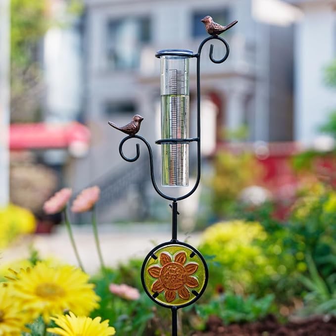 Rain Gauge Outdoor, Hummingbird Rain Gauge, Metal Rain Measure Gauge with Stained Glass, Decorative Rainfall Measurement for Patio, Lawn, Garden Decor