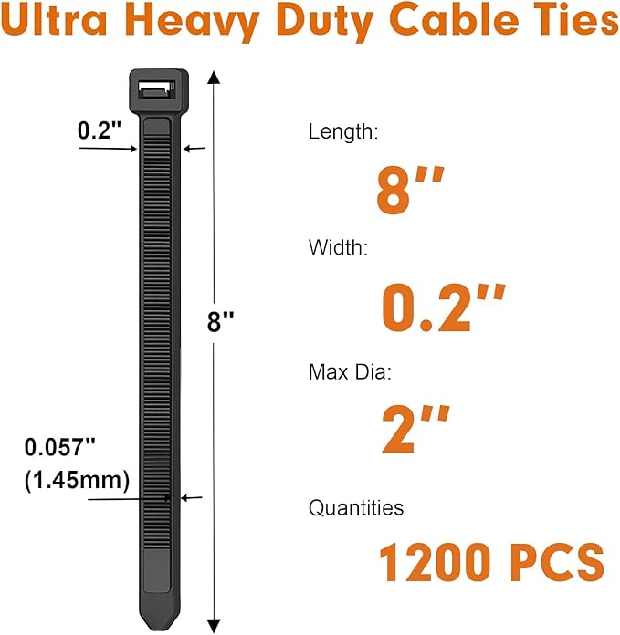 Zip Ties, RAZCC 1200pcs Black Cable Zip Ties 8 Inch, Heavy Duty Plastic Wire Ties with 70lb Tensile Strength, Self-Locking Black Nylon Tie Wraps for Indoor and Outdoor