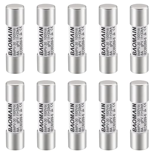 Baomain 10-Pack gPV Solar PV Fuse 8A 1000V DC, 10x38mm, 33kA Breaking Capacity, CE Listed for Photovoltaic Systems, Combiner Boxes (8 Amp.)