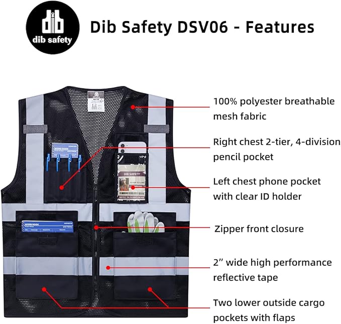 Dib Safety Reflective Vest ANSI Class 2, High Visibility Vest with Pockets and Zipper, Construction Work, Hi Vis