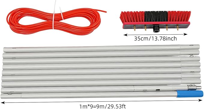 29.53 FT Solar Panel Cleaning Kit, Window Cleaning System, 35CM Hose & Rotating BrushHead, Washing Equipment Window Cleaner Tool Water Fed Pole Kit for Roof Caravan Solar Panel