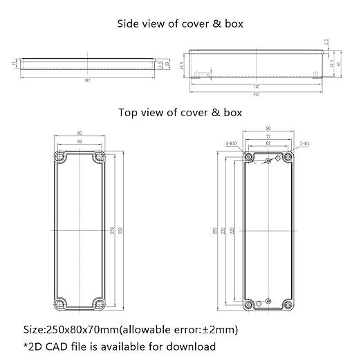 Junction Box，9.8"x 3.1"x 2.8" Outdoor Electrical Box with Mounting Plate, IP67 Dustproof Waterproof ABS Plastic Project Box, DIY Electrical Enclosure Gray (250x 80x 70 mm)