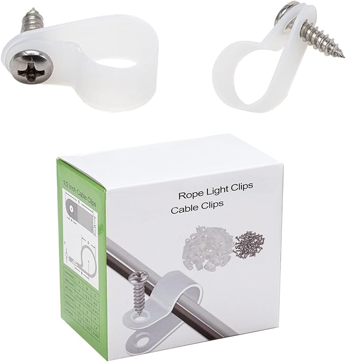 50 Pack 1/2 inch Rope Light Clips,Cable Wire Clips Clamp P-Style Mounting Clips with Stainless Steel Screws,Rope Light Clips Outdoor, Outdoor Cable Clips