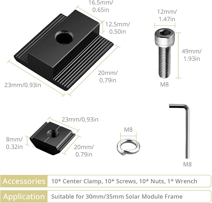 Anbte 10pcs Solar Panels Centre Clamps, Aluminium T-Shaped Mid Clamps 30mm/35mm Solar Panel Mounting Brackets Solar Mounting Rail Connector for Metal Roof, Tin Roof, Flat Roof, Sheet Roof, Black