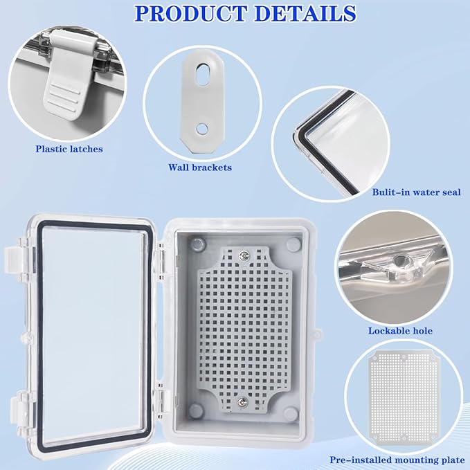 Waterproof Electrical Box Dustproof Junction Box Weatherproof IP67 ABS Plastic Enclosure Switch Router Project Box with Mounting Plate with Wall Bracket 2 Cable Glands Clear 5.9"x3.9"x2.8"