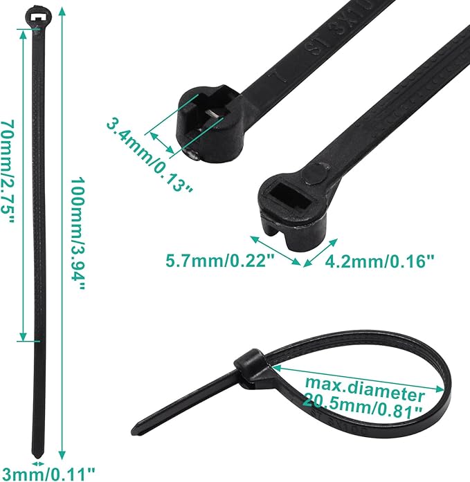 150pcs Push Mount Zip Ties 4 inch, Self Locking Straps Cable Zip Tie with Stainless Steel Metal Tooth Locking Device Heavy Duty Nylon Zip Tie Clips (4", Black)
