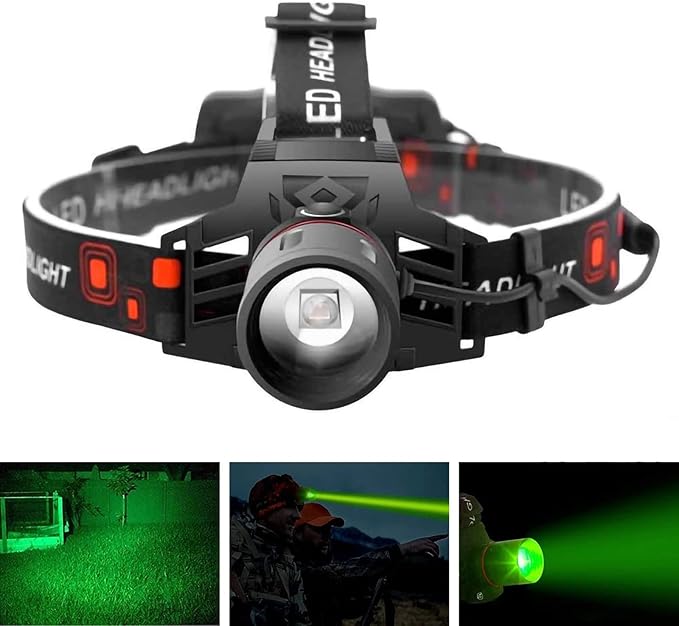 WINDFIRE Green Light Hunting Headlamp Rechargeable, 600 Lumens Bright LED Headlight 3 Modes Tactical Zoomable Headlamps Option for Fishing Night Vision Predator Hunting Coyote Hog
