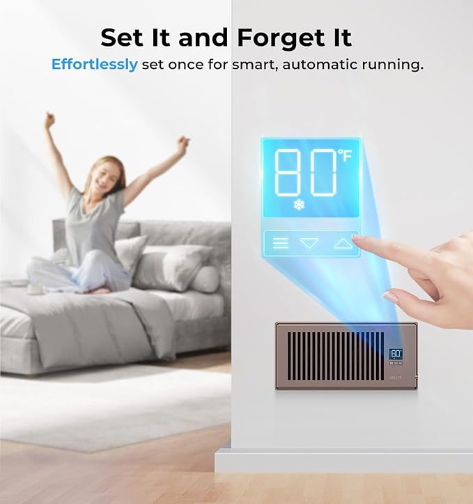 VELLEE Quiet Register Booster Fan Fits 4" x 10" (DUCT OPENING CUTOUT), 10-Speed Smart Heating Cooling AC Vent Booster Fan w/Remote Control & Thermostat Control (Vertical Grille - Bronze) - Corded