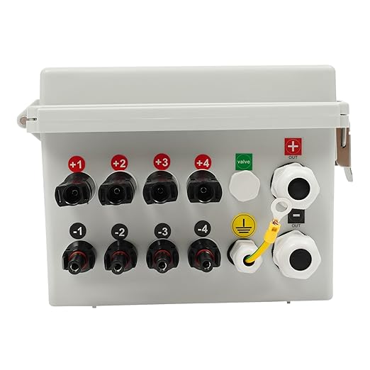 4 String Solar Combiner Box PV Combiner Box with 10A Rated Current Fuse, Surge Protective Device and 63A Air Circuit Breaker for On/Off Grid Solar Panel System (4 String)