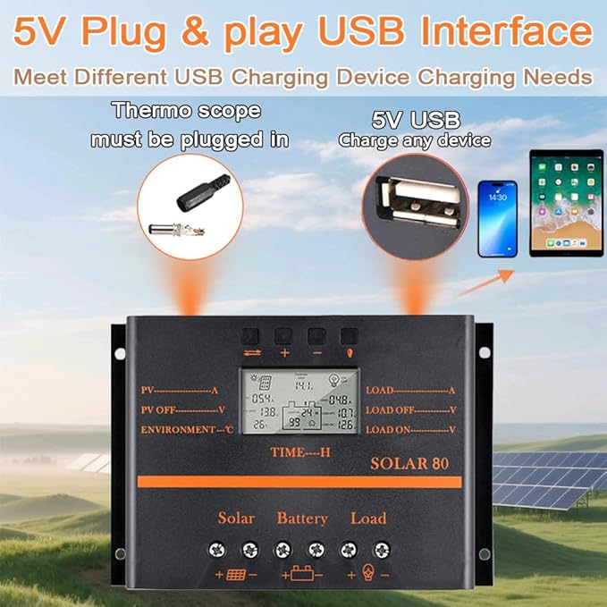 Solar Controller 80A 12V / 24V Battery Charge Regulator Auto 960W / 1920W with LCD Display Mobile Power Supply Charger 5V USB Enhanced Heat Sink (80A)