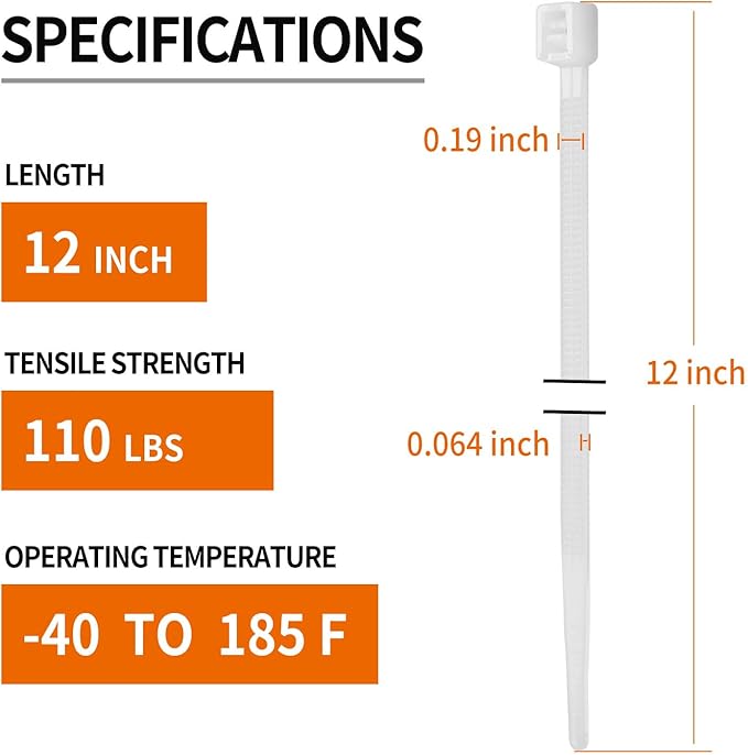 12 Inch White Zip Ties (200 Pack), 2025 New Patented Design,110 LBS Tensile Strength, Self-Locking Nylon PA66 UV Resistant Cable Ties for Indoor and Outdoor Use