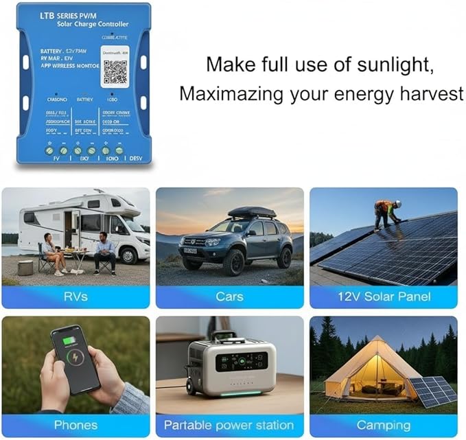 10A Bluetooth Solar Charger Controller 12V/24V Intelligent Regulator Solar Panel Battery Charging Statistics Pwm with USB Port 12V24V Lead-Acid/Lithium Battery