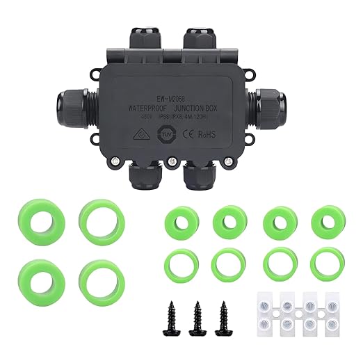 Waterproof Junction Box Outdoor, IP68 6-Way, Black, PA66 Nylon, Includes 4 Sets of Waterproof Rubber Plugs