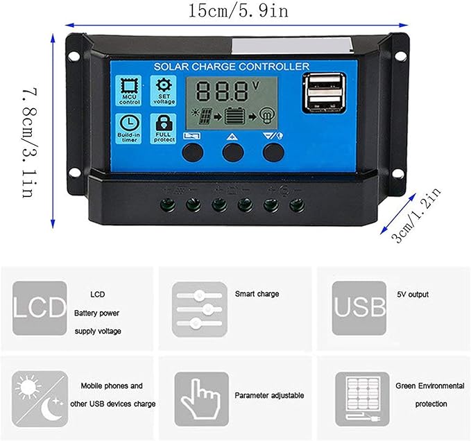 Solar Controller MPPT USB 5V Output Solar Panel Regulator LCD Display PWM Charging Control Regulator 12V 24V (50A)