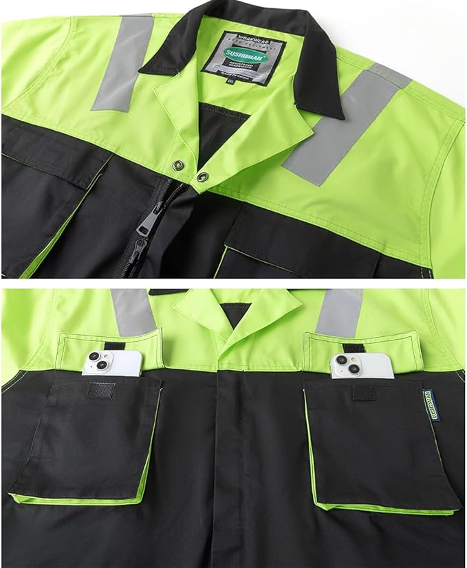 Men's Work Coverall High Visibility Overalls Mechanics Coveralls Workwear Jumpsuit with Multi Pockets