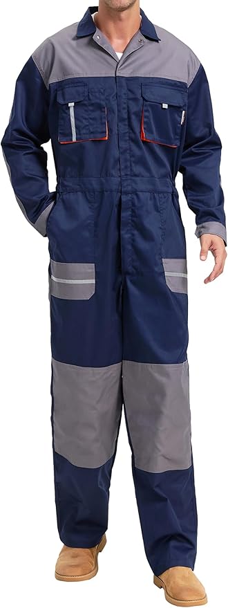 Men's Work Coveralls Multi Pockets Garage Work Jumpsuit Zip Coverall One Piece Workwear Mechanic Overalls