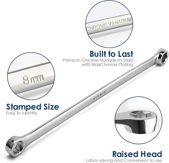5-Piece Extra Long Box End Wrench Set, Metric 8mm-19mm, 6 Point Extended Bolt Extractor Wrench, CR-V Labor-Saving Aviation Spanner with EVA Foam