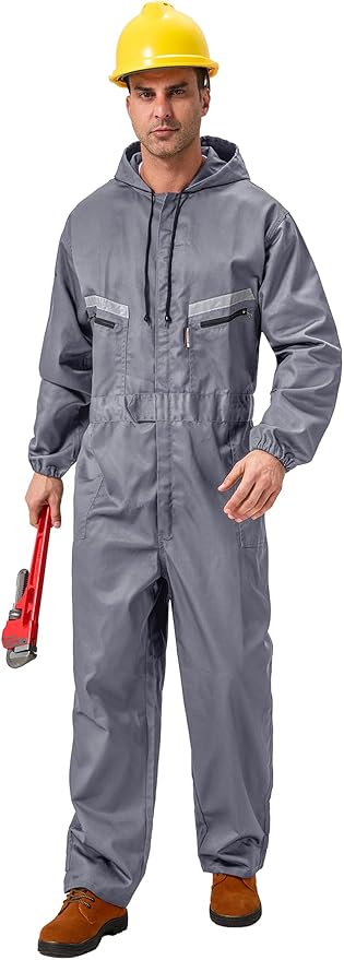 Mens Work Coveralls Mechanic Hooded Overall Workwear Jumpsuits Long Sleeve Hi Viz Coverall with Zippers