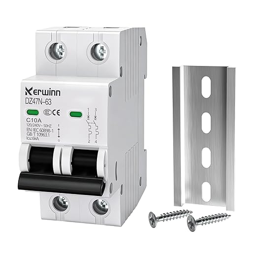 AC Miniature Circuit Breaker 2 Pole 10A (MCB),120V/240V 50/60Hz DIN Rail Mount Breaker, Compatible with Grid-Tied Solar Systems, RV & Home Circuits(C10A)