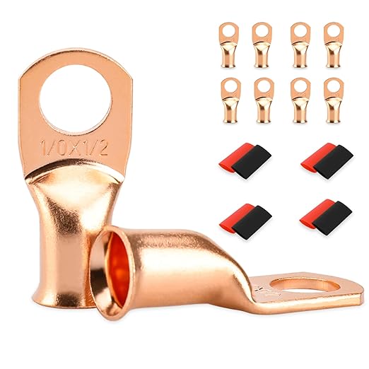 8 PCS Battery Terminal Connectors, Battery Cable Ends Lugs, 1/0 Gauge Wire Connectors, 1/0 AWG 1/2" Stud Ring Terminals, Copper Wire Lugs with Heat Shrink Tubing.
